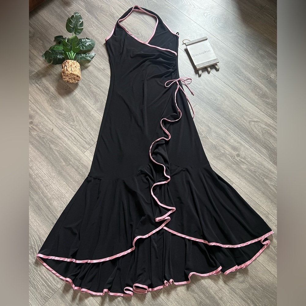 Vintage Rebecca Y2K Black Halter Maxi Dress with Pink Trim & Ruffled Hem. Size L